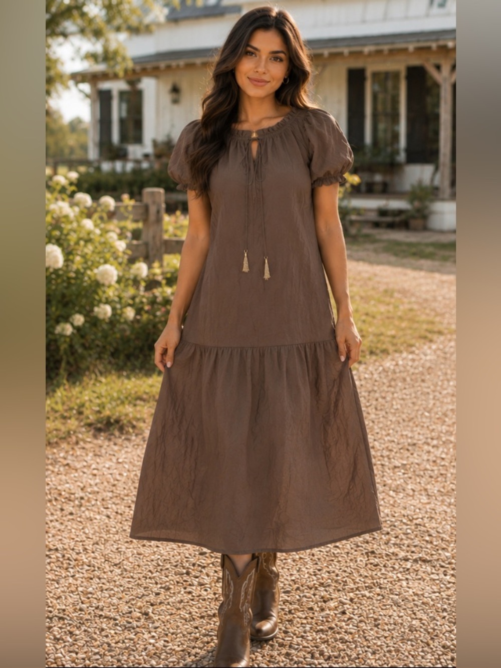 H&M Brown Puff-Sleeve Tiered Dress with Tassel Drawstrings